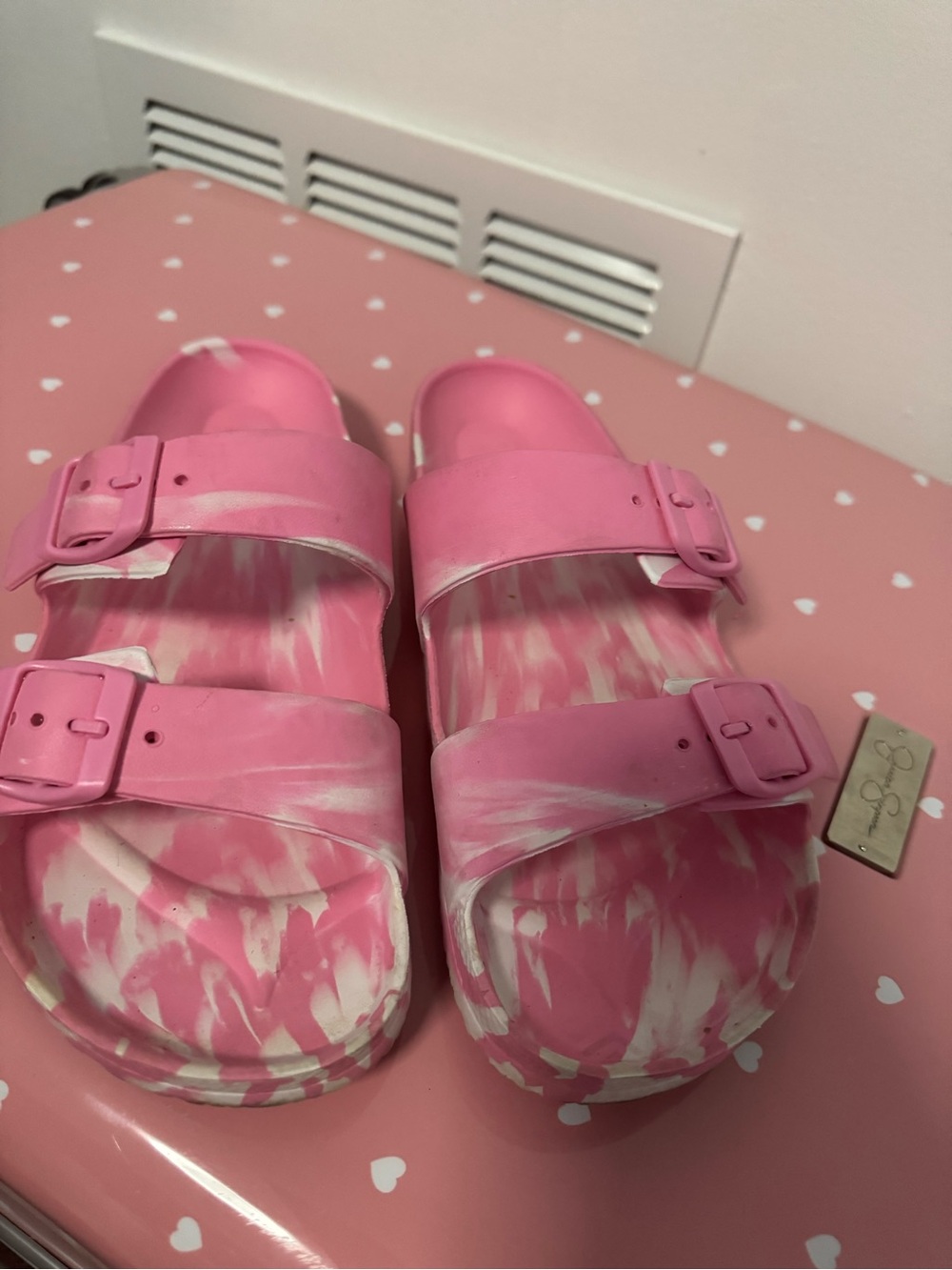 Pink Marbled Double-Strap Slide Sandals